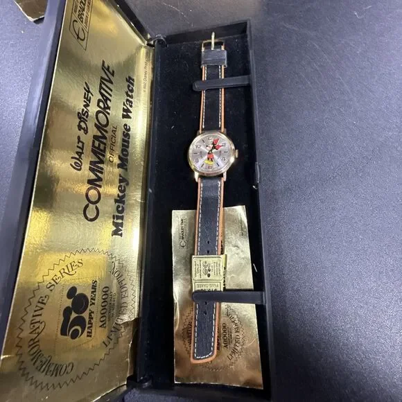NICE! Bradley 50th Anniversary Mickey Mouse Round Gold Black Leather Watch J1975